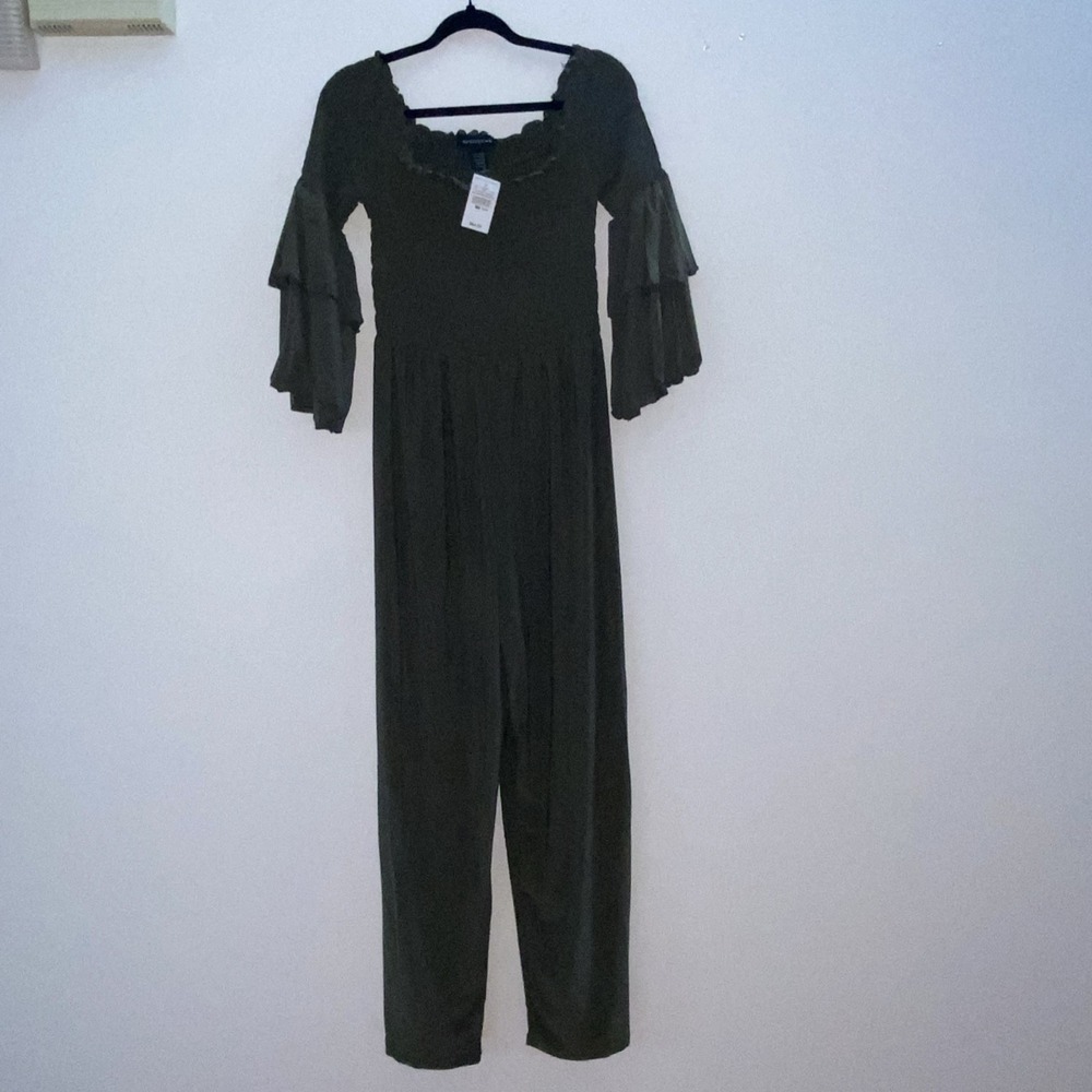 Ashley Stewart‎ Smocked Green Jumpsuit Off Shoulder NWT 22/24 Tiered Sleeves
